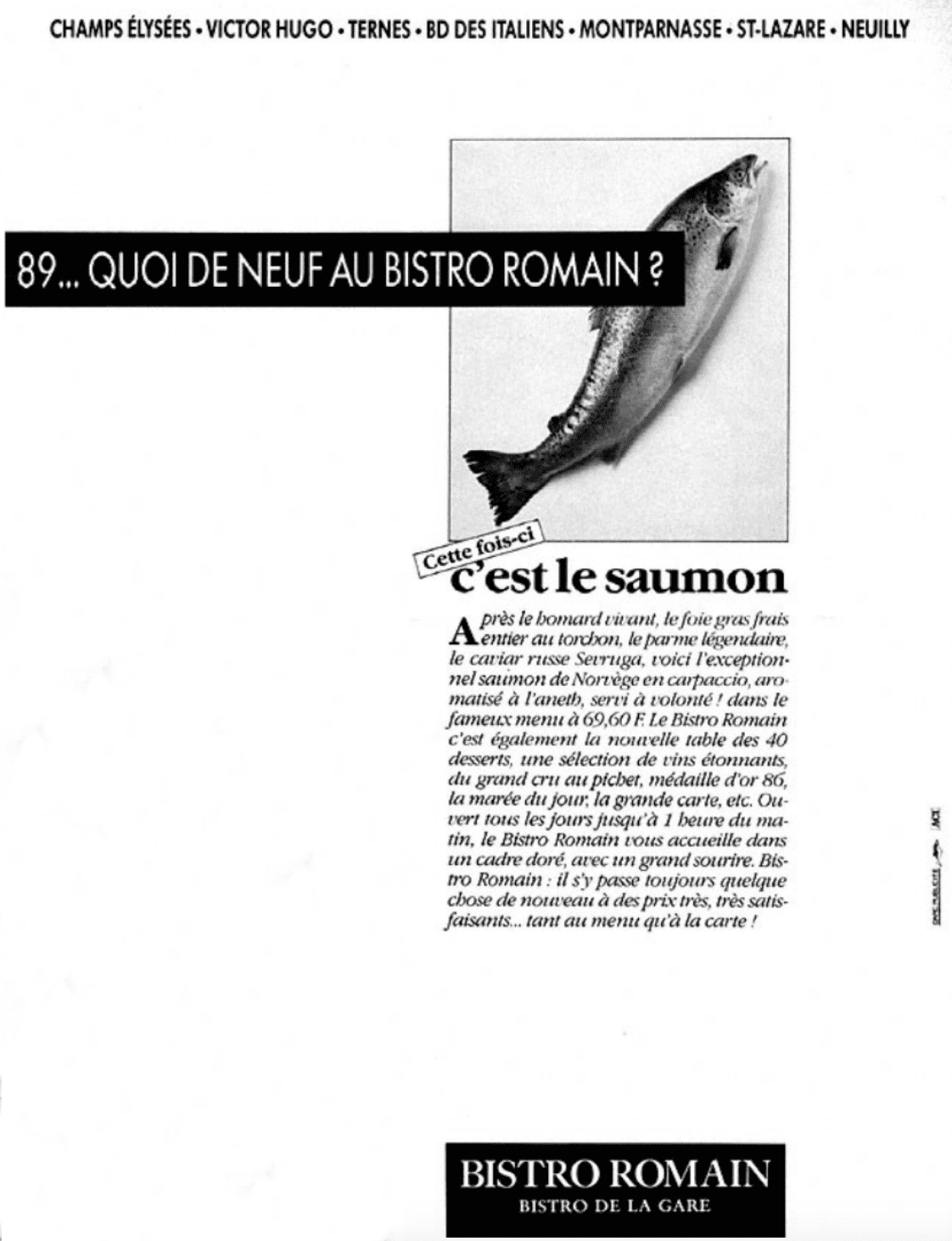 Bistro Romain publicité ancienne carpaccio saumon norvégien 